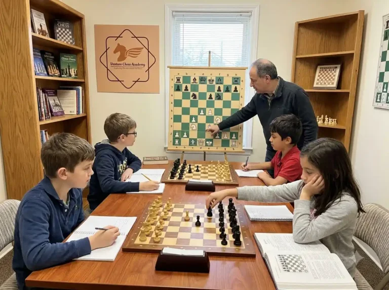 Young students learning advanced chess tactics in a small batch at Venture Chess Academy.