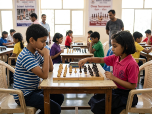 Young students learning advanced chess tactics in a small batch at Venture Chess Academy.