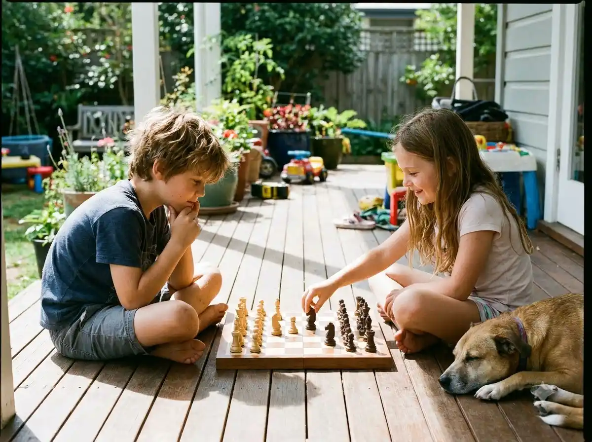A child concentrating deeply on a chessboard, illustrating the brain benefits of playing chess.