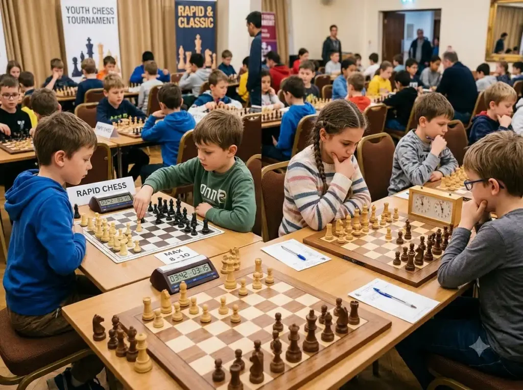 A player pressing a chess clock during a rapid chess vs classic chess tournament.