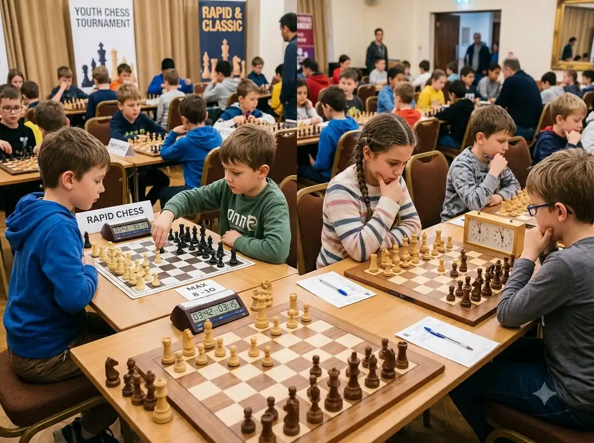 A player pressing a chess clock during a rapid chess vs classic chess tournament.