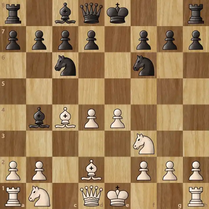 A wooden chessboard showing a classic chess opening setup for beginners.