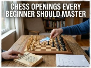A wooden chessboard showing a classic chess opening setup for beginners.
