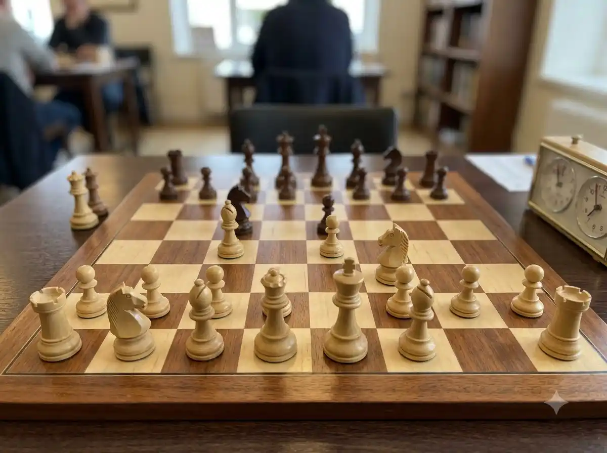 A wooden chessboard showing a classic chess opening setup for beginners.