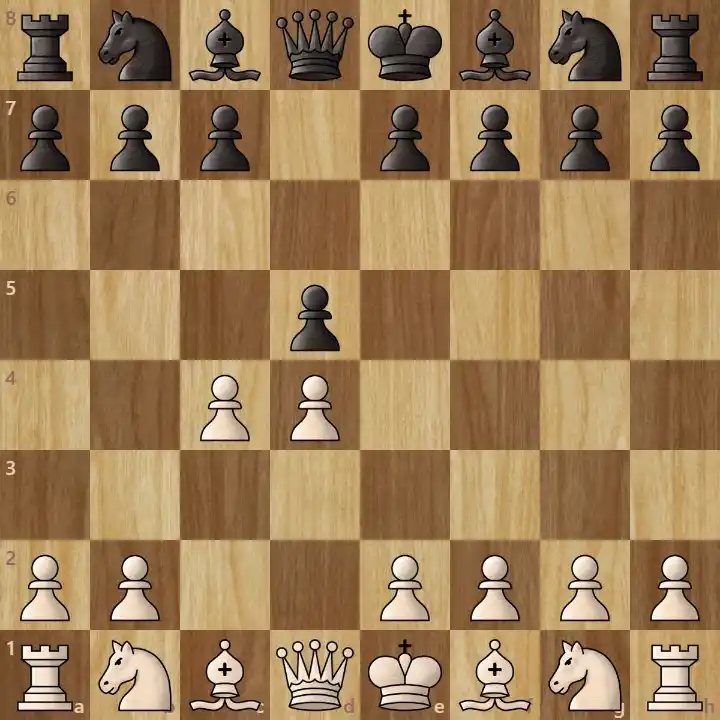 A wooden chessboard showing a classic chess opening setup for beginners.