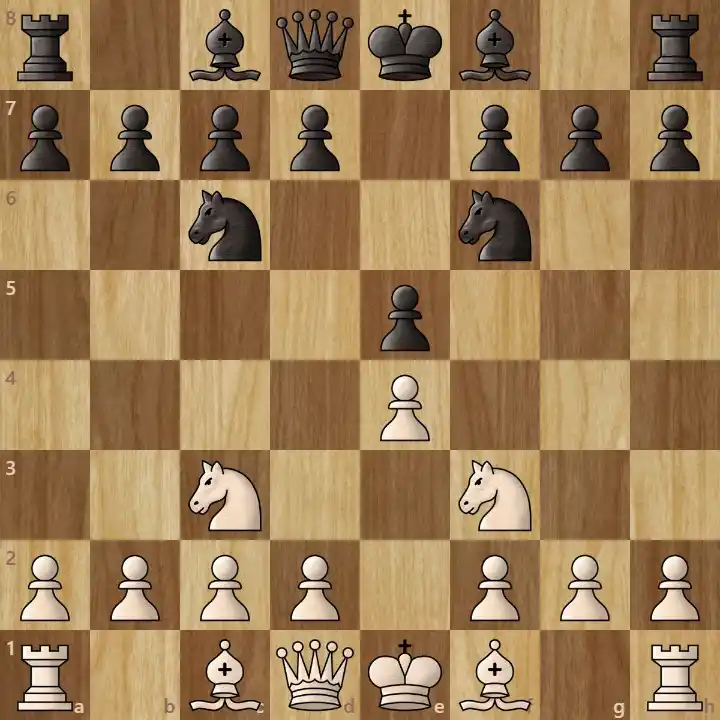 A wooden chessboard showing a classic chess opening setup for beginners.