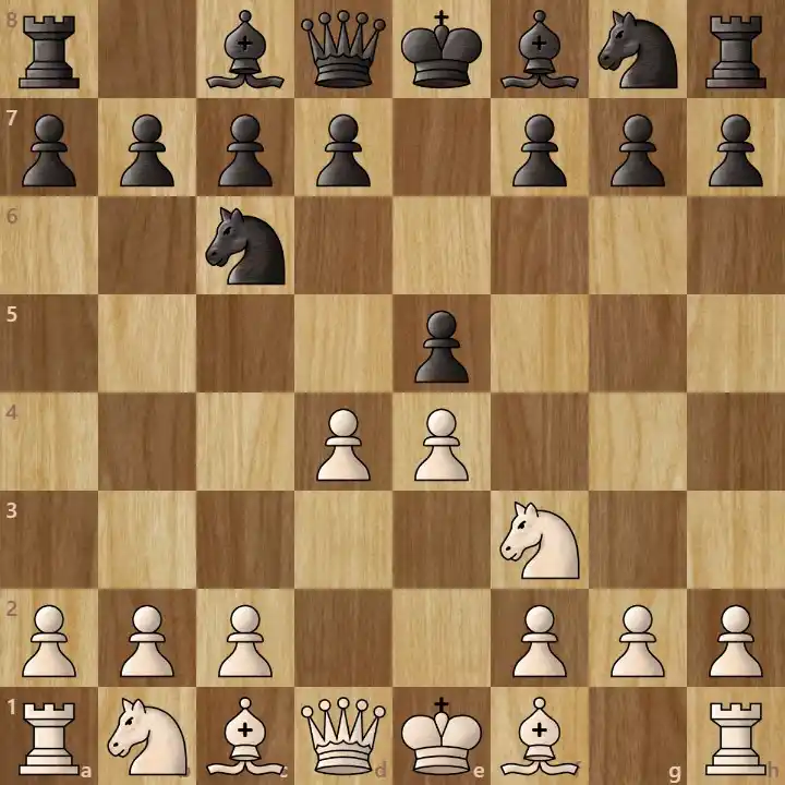A wooden chessboard showing a classic chess opening setup for beginners.