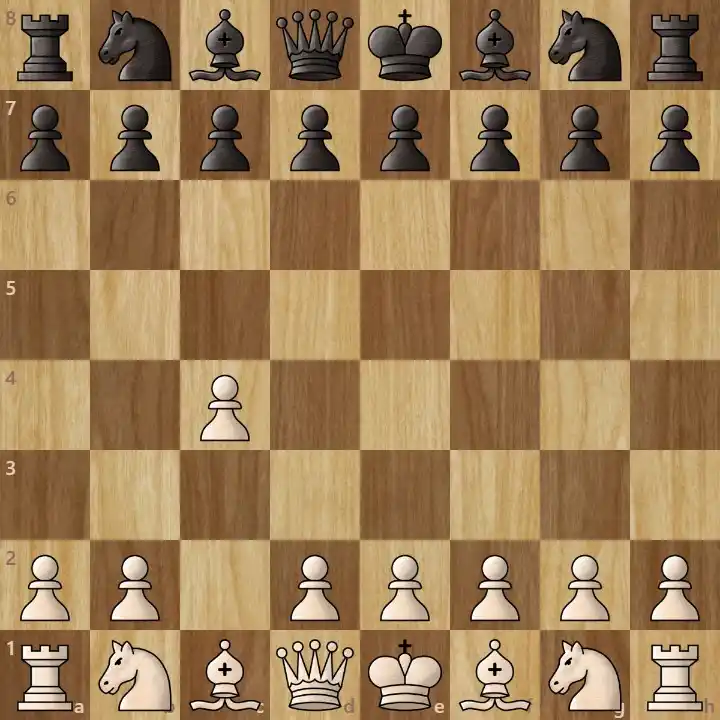 A wooden chessboard showing a classic chess opening setup for beginners.