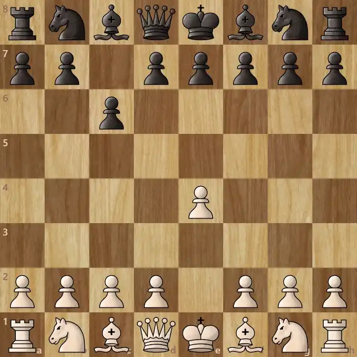 A wooden chessboard showing a classic chess opening setup for beginners.