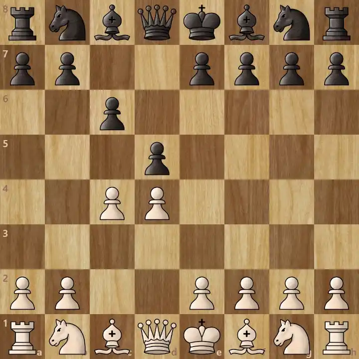 A wooden chessboard showing a classic chess opening setup for beginners.